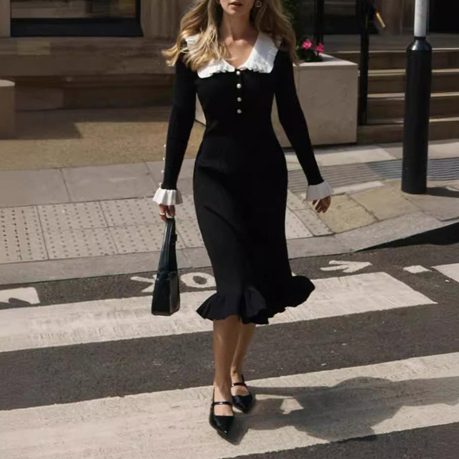 

Модное женское ретро-платье с французской юбкой и оборками из трикотажного свитера XL чёрный