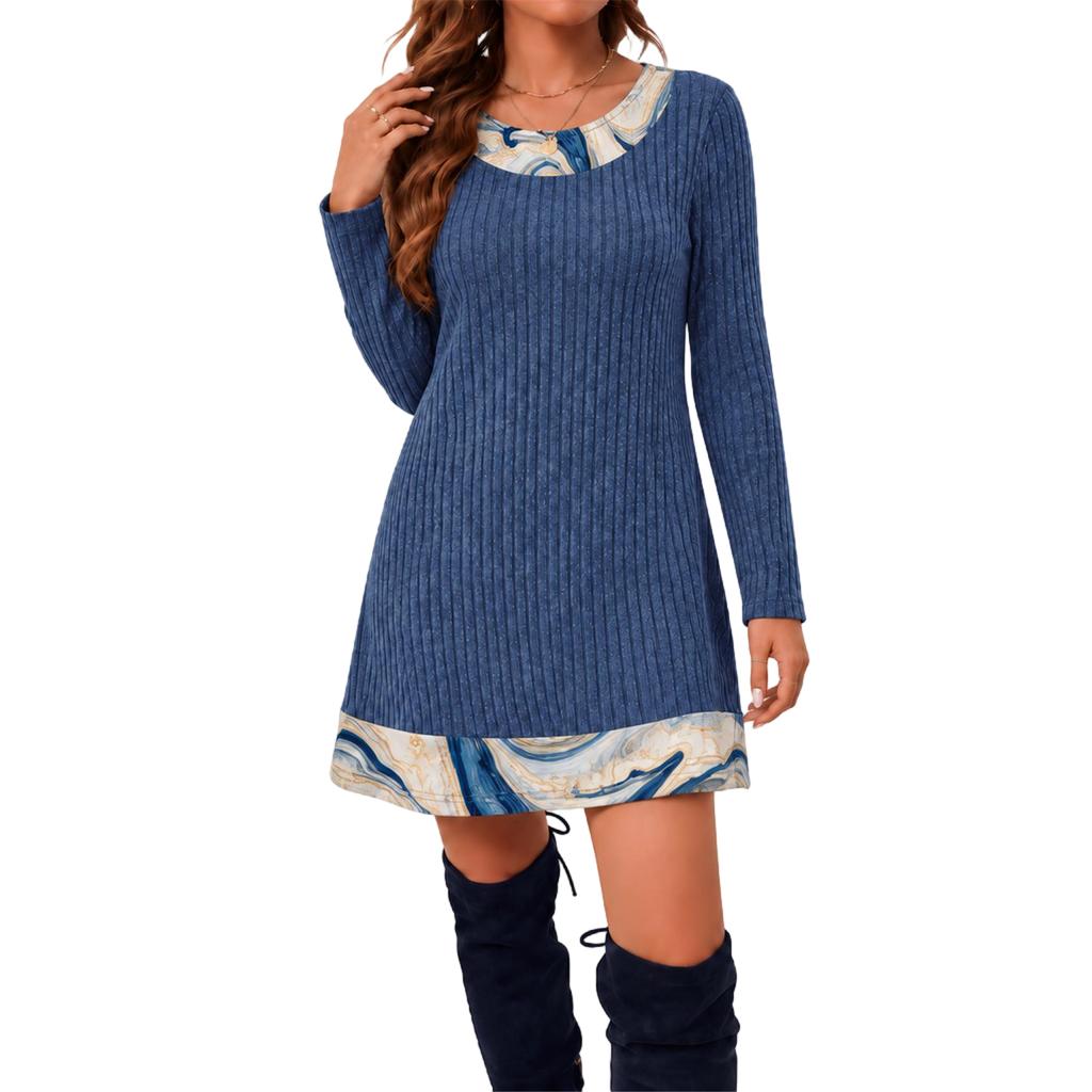 Women's Casual Round Neck Long Sleeve Plaid Patchwork Tunic Top Mid Length Blouse for Daily Wear