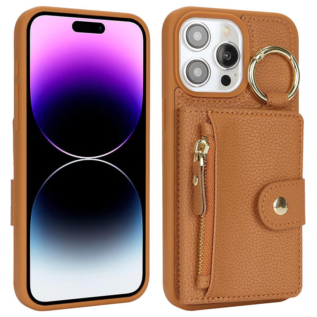 For iPhone 14 Pro Max Case Litchi Textured PU Leather + TPU Kickstand Phone Cover with Card Slot