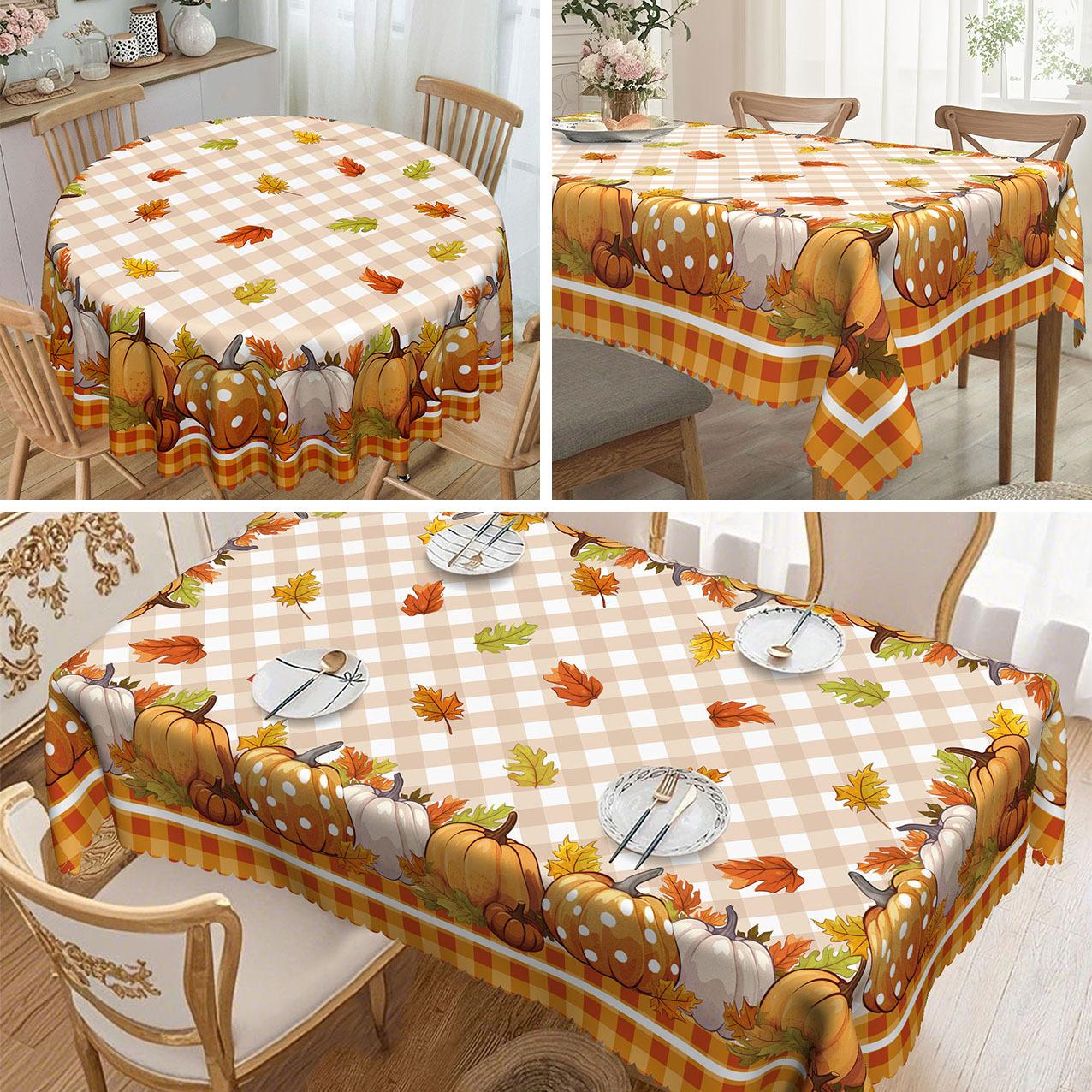 1 Vintage Farmhouse Autumn Tablecloth - Pumpkin, Orange/Red/White, Easy-To-Clean Polyester Fabric round tablecloth-152x152cm