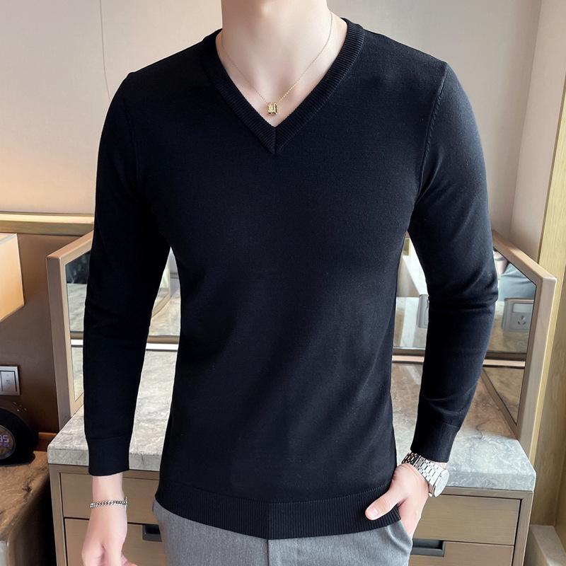 Men's Autumn-Winter V-Neck Slim Fit Woolen Sweater - Solid Color Long Sleeve Knitwear