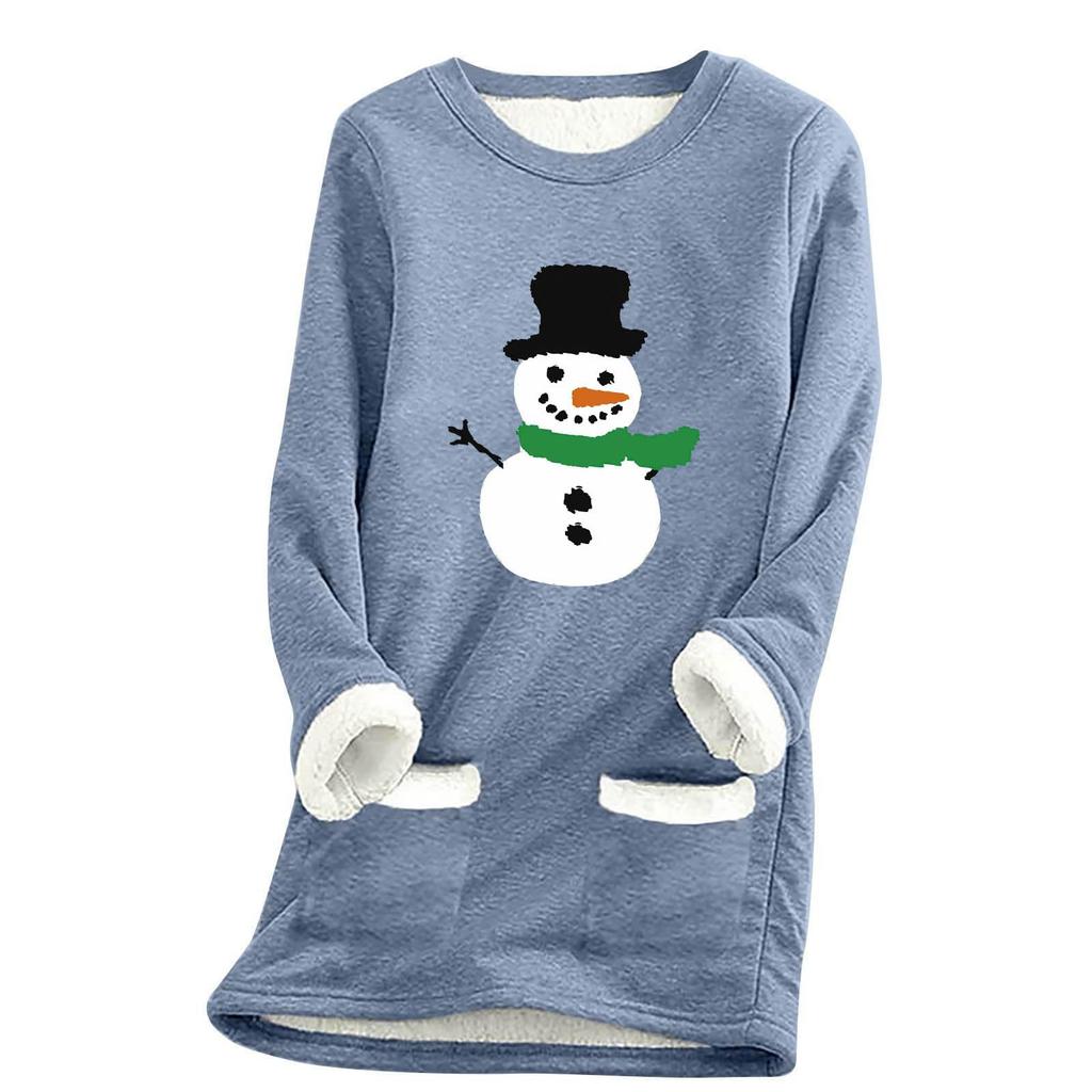 Ladies' Loose And Comfortable Round Neck Christmas Print Thick With Pockets Long Sleeved Top