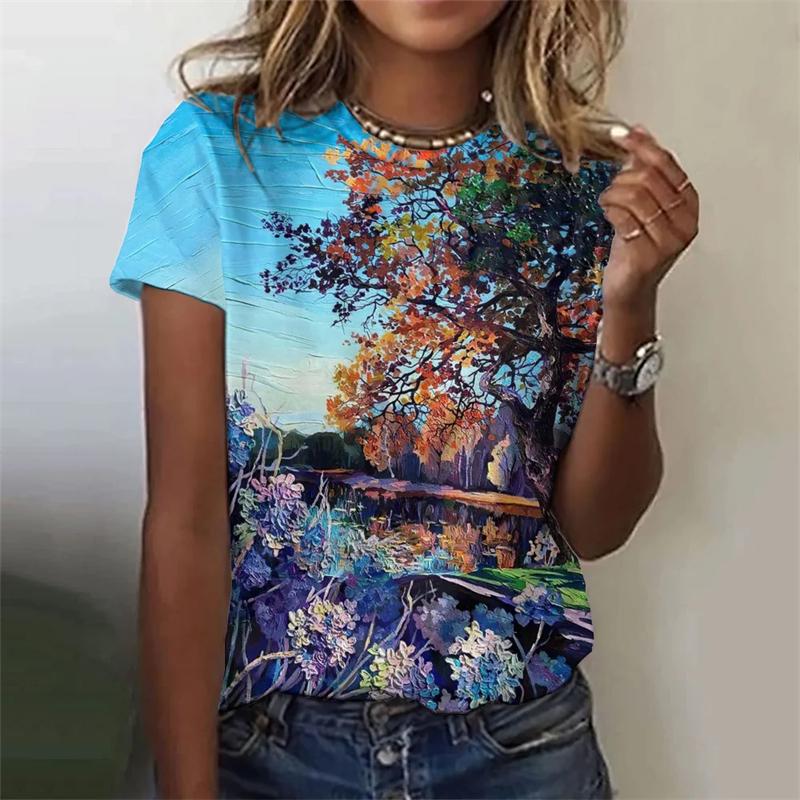 Women's oil painting T-shirt, floral themed T-shirt, floral plant T-shirt, basic summer clothing, oversized top
