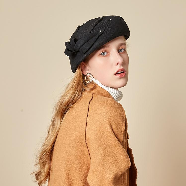 Autumn And Winter British Retro Flower Woolen Top Hat Women'S Elegant Temperament Stewardess Hat Korean Version Versatile Beret