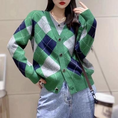 Autumn Winter False Two-piece Cardigan Women's Love Button Diamond Plaid Knitted Jacket Comfortable Versatile Outerwear Top