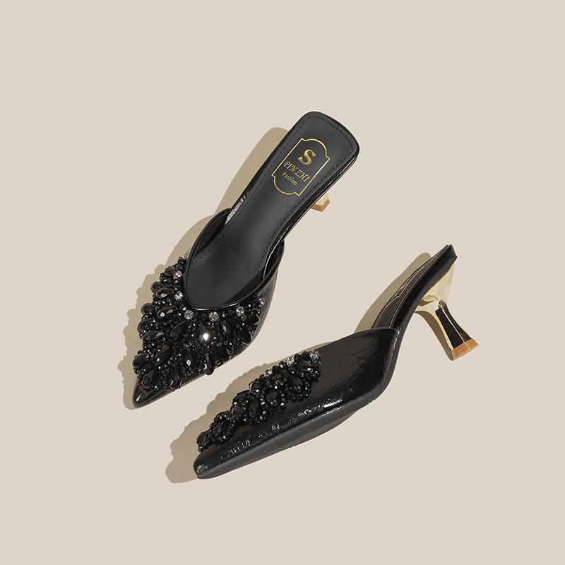 

Premium sense beaded bag head half slippers women wear rhinestone pointed slippers large size high heel sandals with skirt 43 чорний