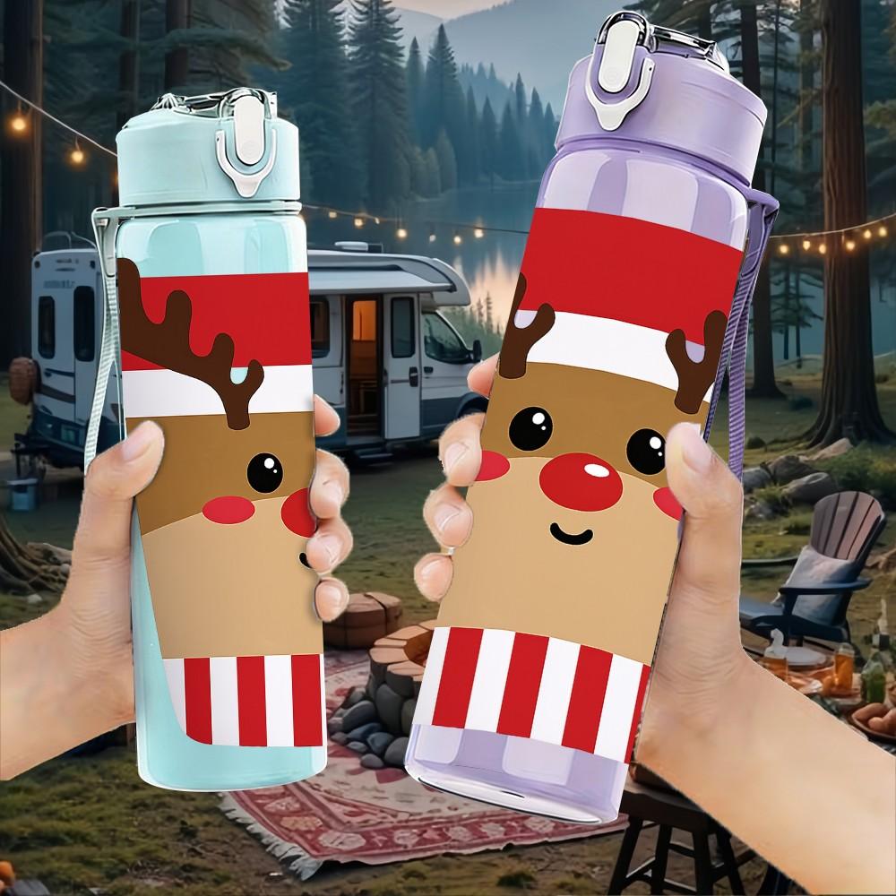 1PC Reindeer Christmas Coffee Cup Print 750ml Color Plastic Sports Water Bottle Leakproof Flip Straw Lid Suitable for Sports Office Home Use
