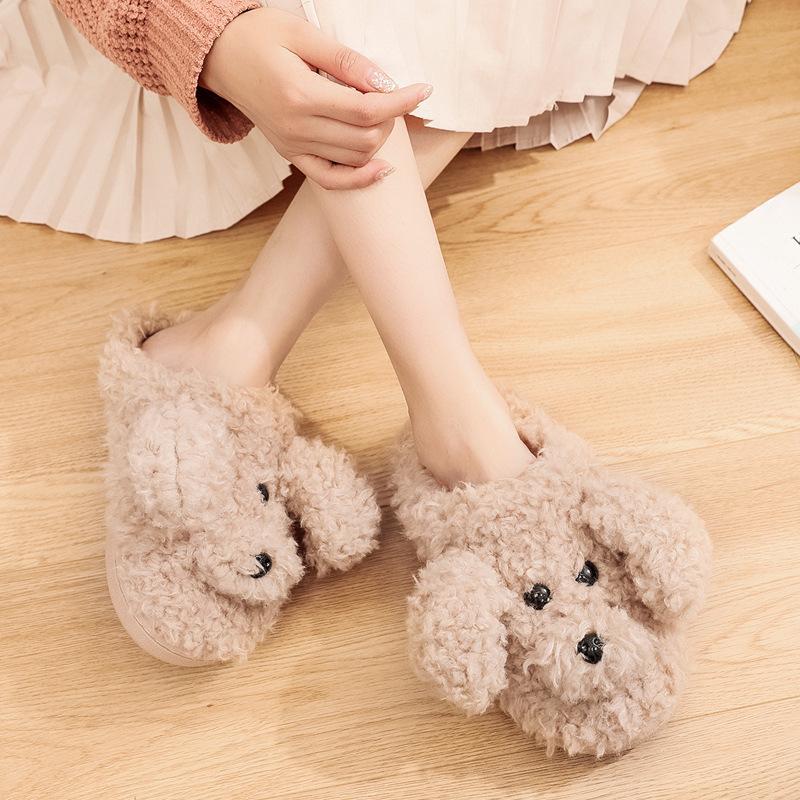 Comwarm Cute Dog Short Plush Slippers For Women 2026 Winter Warm Furry Cotton Shoes Couples Home Indoor Bedroom Cozy Slippers