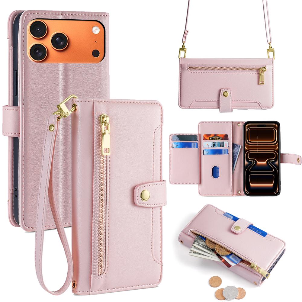 For iPhone 17 Pro Max Leather Case Zipper Pocket Wallet Phone Cover with 2 Straps