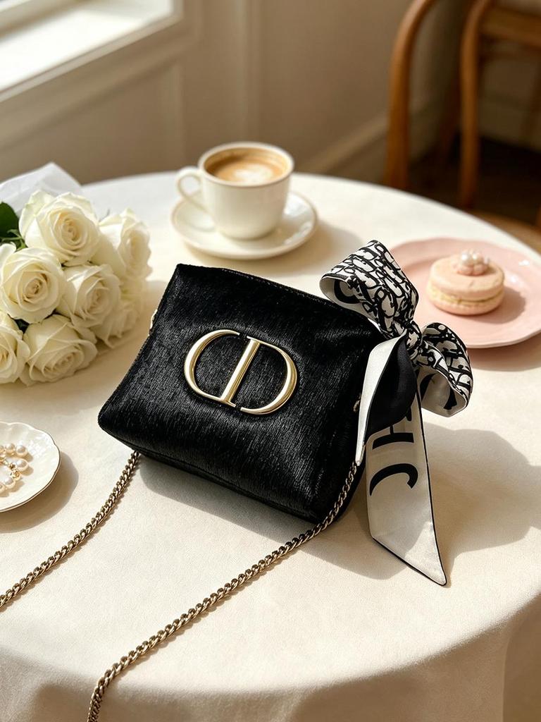 DIOR Black Cosmetic Makeup Pouch, Bonus Silk‑Scarf Bow & Gold Chain Strap, DIY Convertible Women Crossbody Shoulder Bag