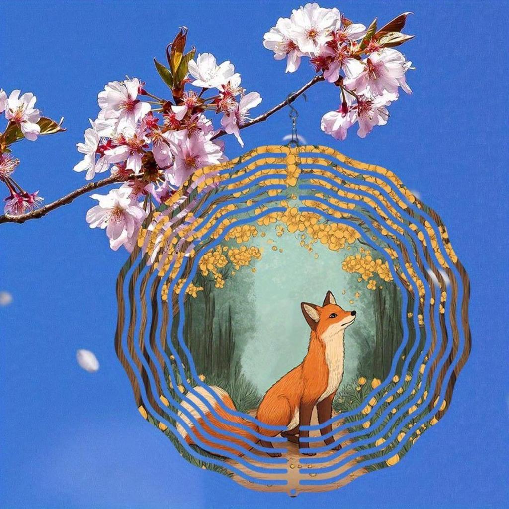1pc Metal Wind-Operated Rotating Fox & Forest Pathway Wind Chime - Solid & Durable Outdoor Decor for Patio, Balcony, Window - Colorful Leaves Design