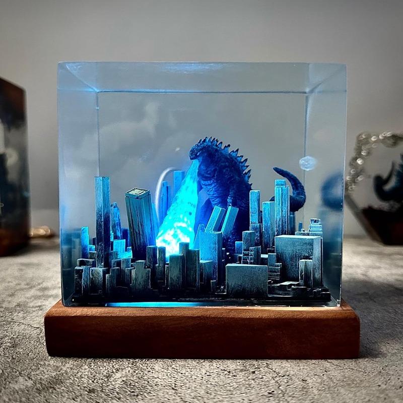 Godzilla Peripheral Night Light Model Ornaments Godzilla Atomic Breath Miniature Model Resin Epoxy Lamp Bedroom USB Atmosphere Light