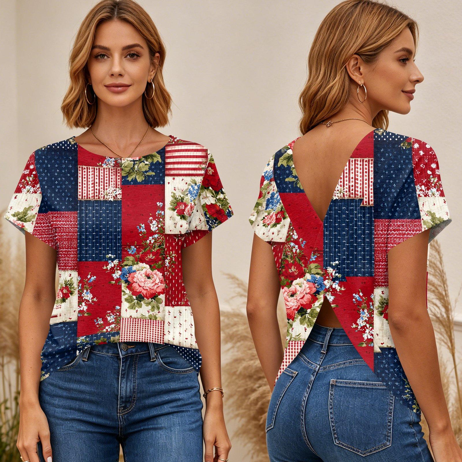 

Women s Short Sleeve T-Shirt Cross Back Design Independence Day Printed Top Casual Summer Blouse Lightweight Breathable Fabric L