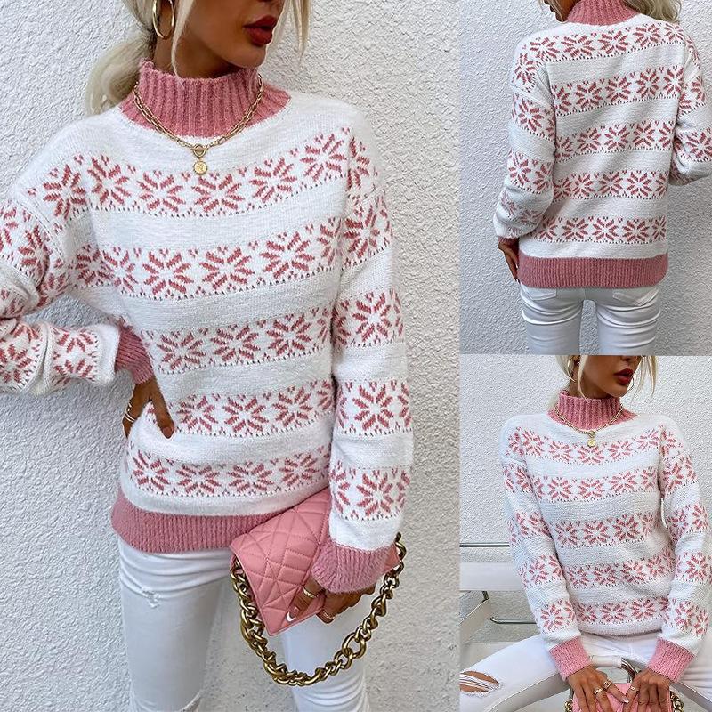 European and American women s clothing autumn and winter fashion Christmas snowflake pattern semi-turtleneck sweater knitted sweater top S