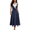 European French elegance temperament navy blue polka dot POLO neck sleeveless waist long dress