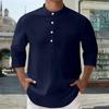 Men's Linen 3/4-Sleeve Shirt - Buttoned Stand Collar Pocket Loose-Fit Casual Top