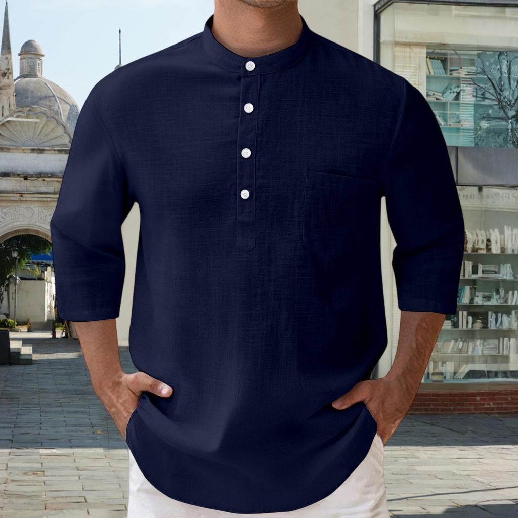 Men's Linen 3/4-Sleeve Shirt - Buttoned Stand Collar Pocket Loose-Fit Casual Top