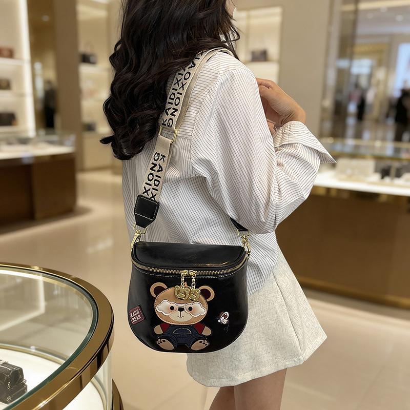 Cute Bear Shell Crossbody Bag - Retro Oil Wax Leather with Wide Strap