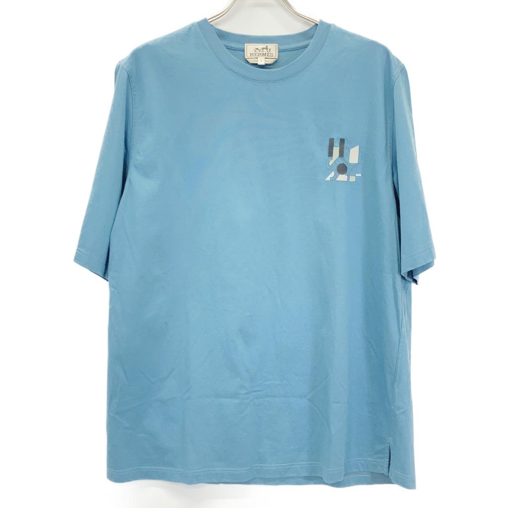 Hermes Blue Chest Embroidery Short Sleeve T-shirt Tops L blueUsed