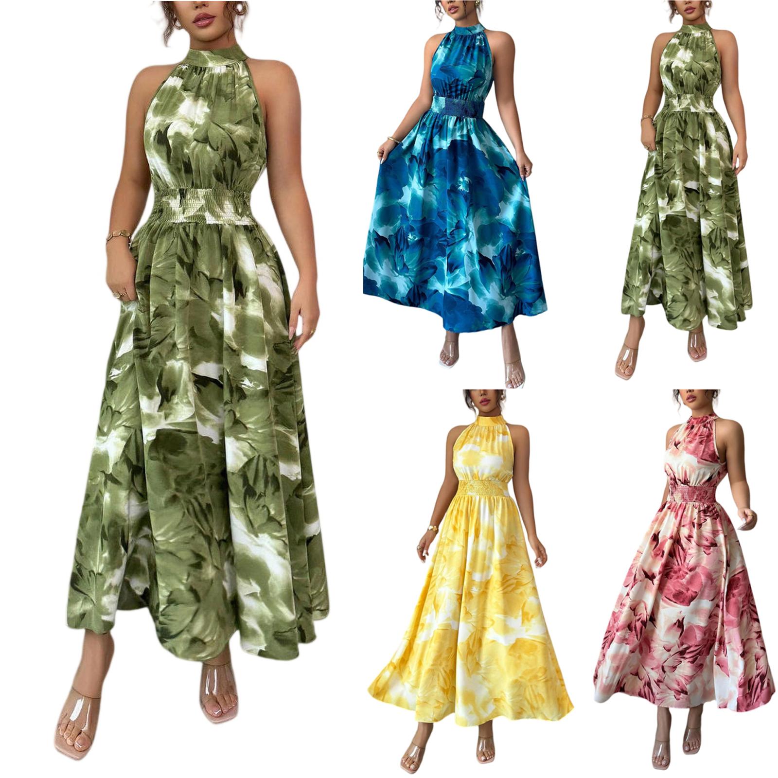 Women s Summer Fashion Floral Print Hanging Neck Waist Cinched Sleeveless Ruffle Edge Dress L синий