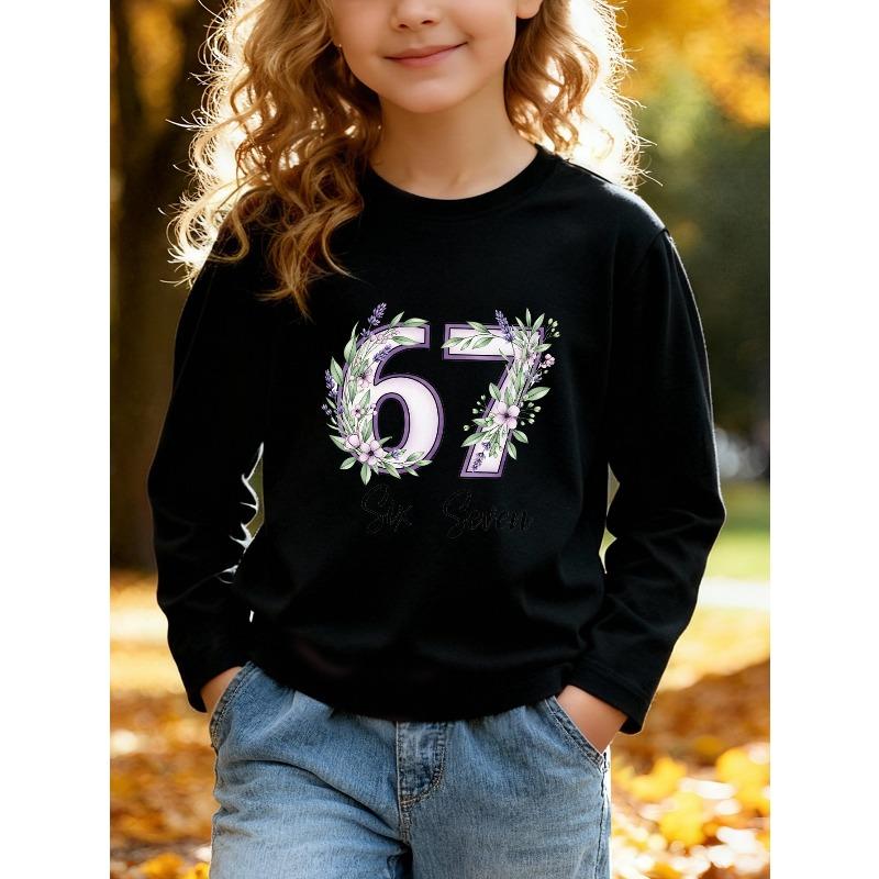 Kids Unisex Pink Crewneck Sweatshirt, Lavender Floral Wreath 66 Six Seven Print Long Sleeve Pullover, Soft Fleece Sweatshirts for Boys Girls Ages 4+
