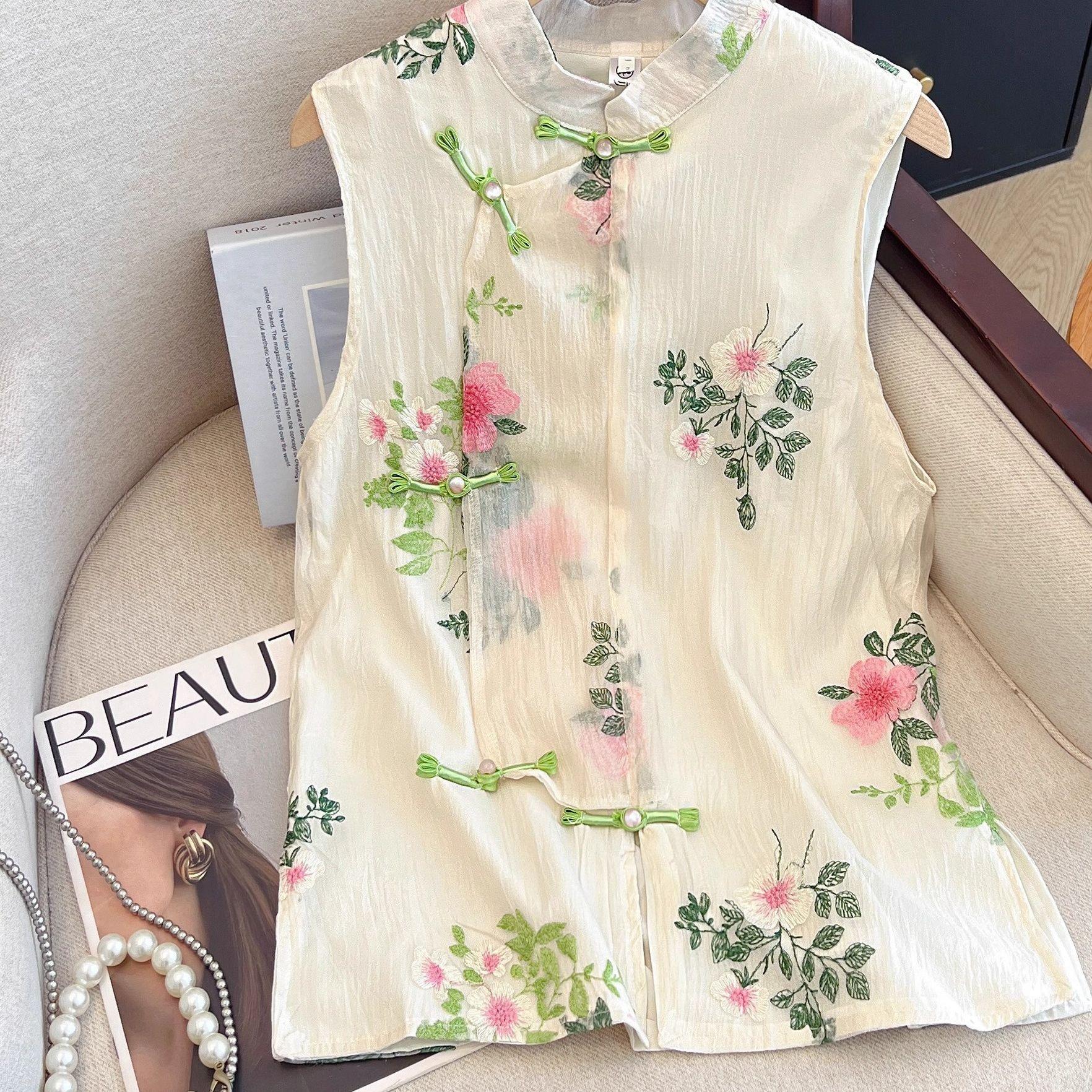 

Тонкий вышитый жилет жилет женский летний новый свободный нишевый модный жилет воротник-стойка рубашка 3XL [recommended 138-75 kg]