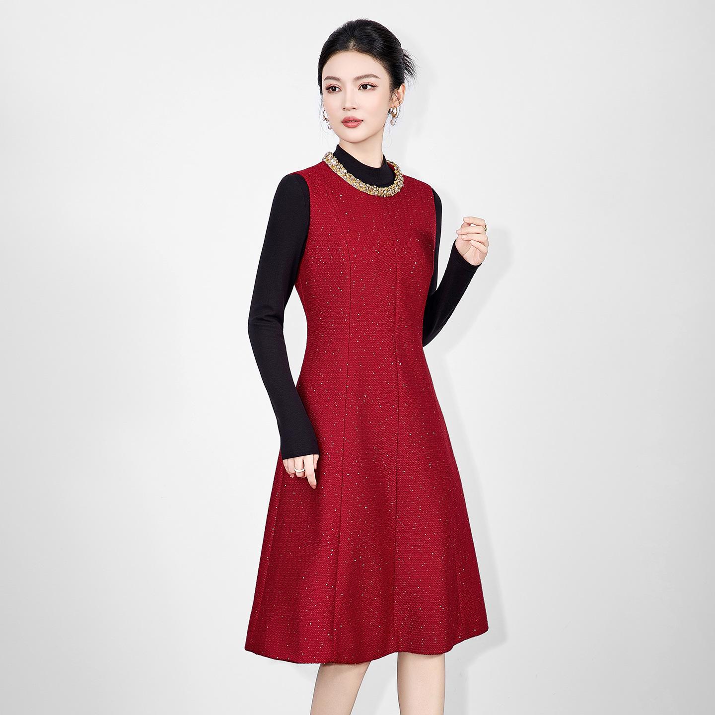 Nanyou Diamond Sequin Tweed A-line Dress in Coco Style Large красный