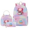 3Pcs Axolotl Backpack for Girls Teen, School Bag with Lunch Box & Pencil Case, Kids Student Daypack, Mochila Back To School Gift