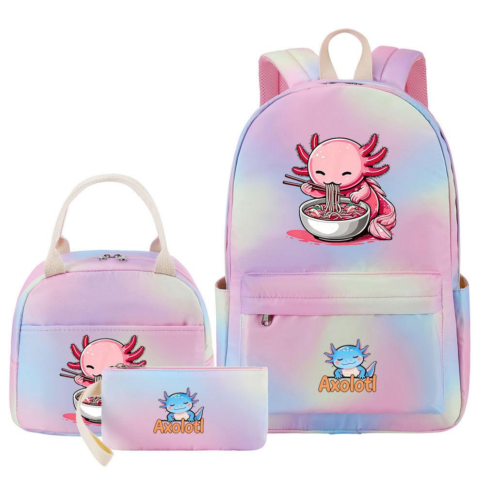 3Pcs Axolotl Backpack for Girls Teen, School Bag with Lunch Box & Pencil Case, Kids Student Daypack, Mochila Back To School Gift