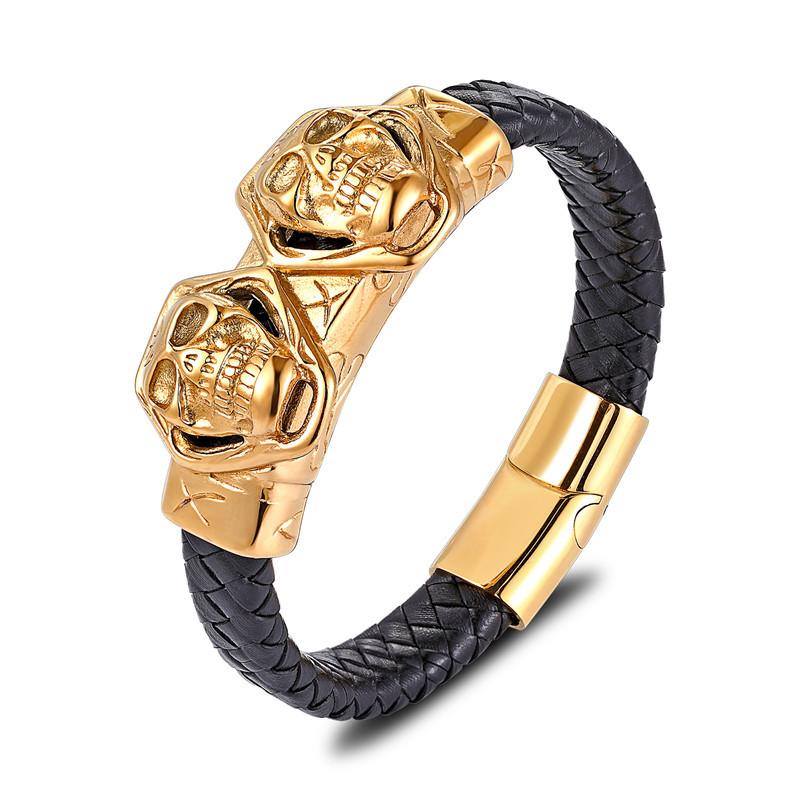 Men'S Jewelry, Gold Steel Color, Titanium Steel, Stainless Steel, Black Leather Rope Bracelet, Magnet Buckle Personality