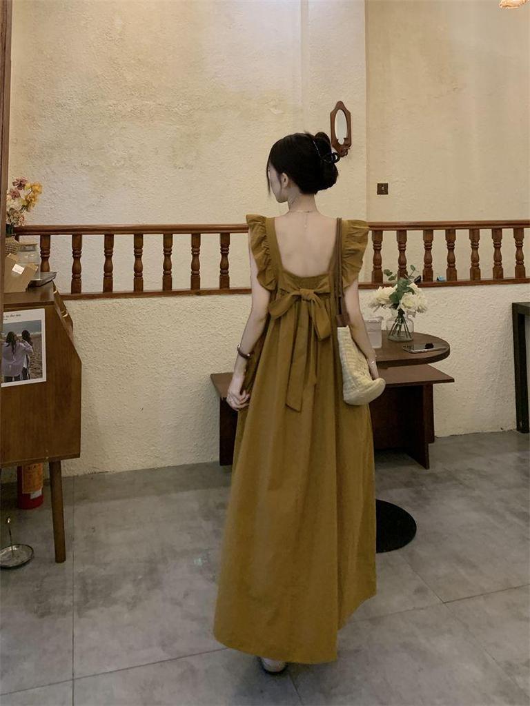 Elegant Summer Puff Sleeve Bow-Tie Backless Dress
