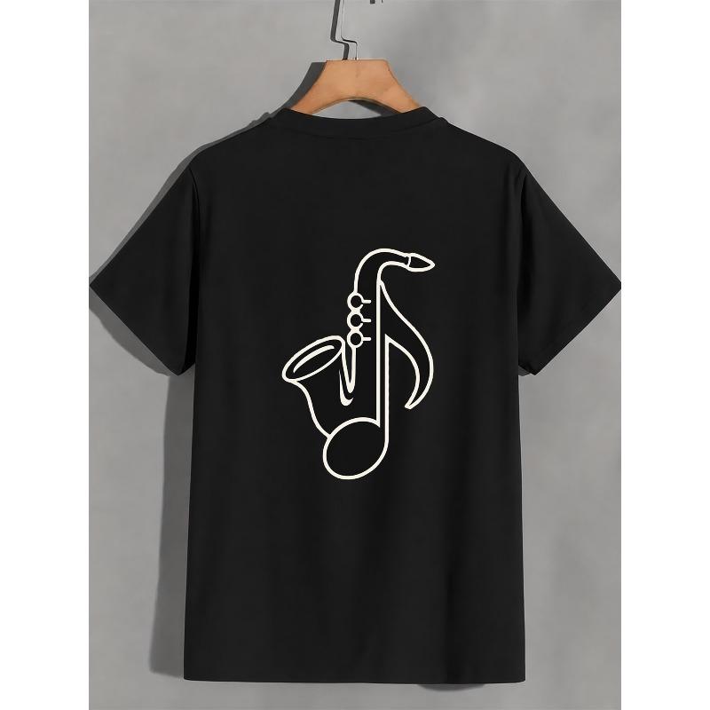 European Sizes Men's Cotton Short Sleeve Crew Neck T-Shirt, Minimalist Black & White Saxophone Musical Note Graphic Print