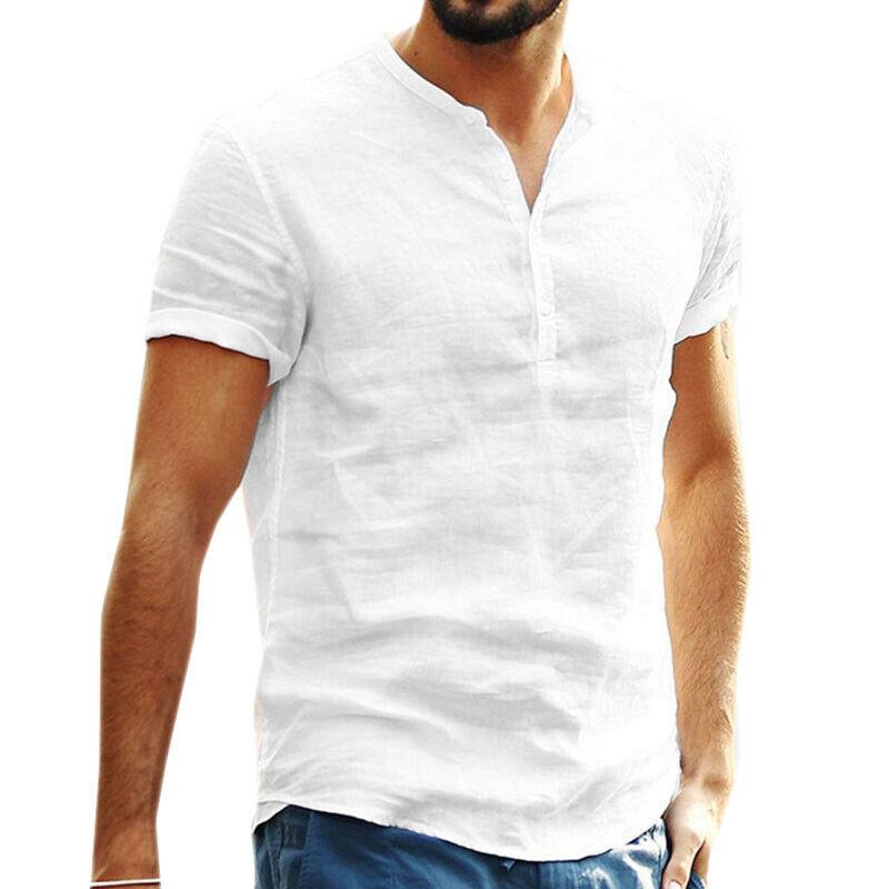 Male Short Sleeve Linen Button T-Shirt O-neck Fashion Summer Solid Casual Cotton Henley Loose Blouse Tee Top Men Clothing