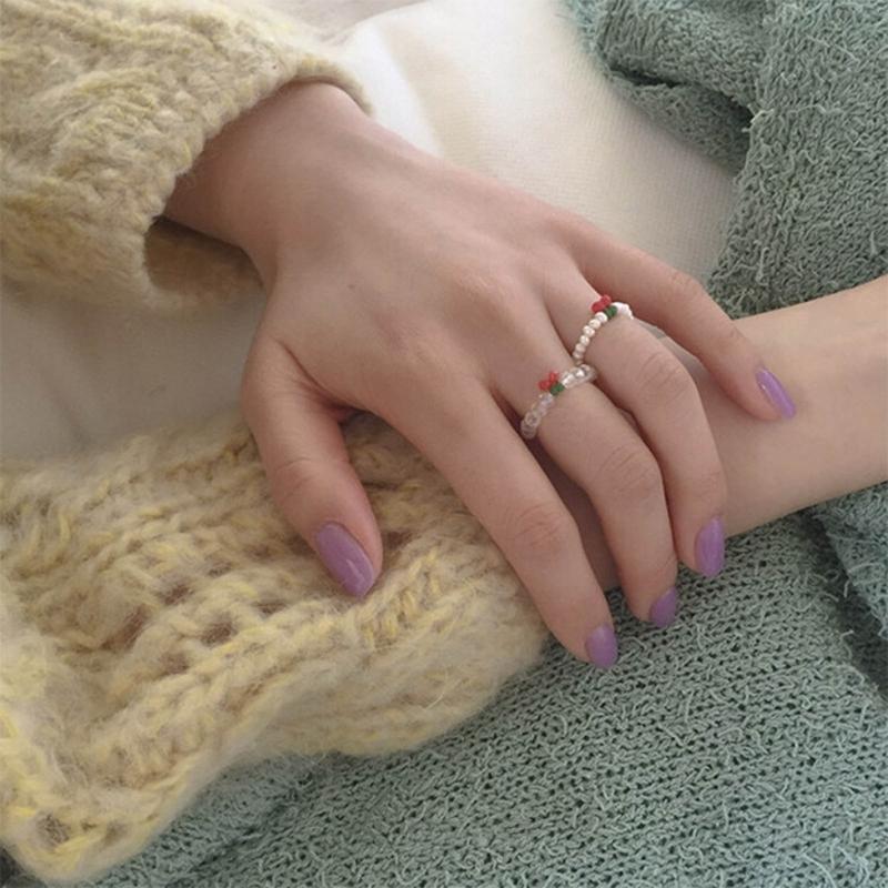 Red Cherry Rings Adjustable Size Beads String Rings Lightweight Elastic Rope Finger Rings Daily Wear Cherry Beaded Rings
