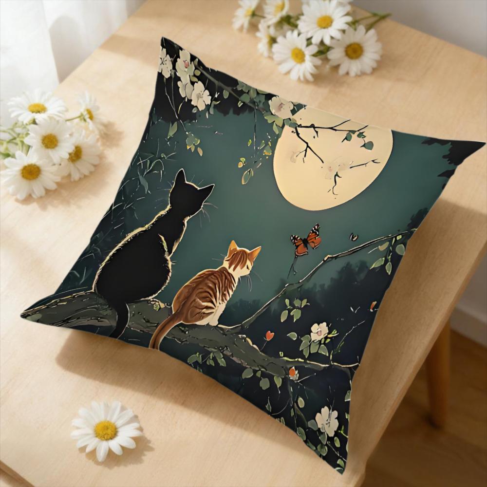 1Pc Vintage Style Cushion Cover Green Black Cat Moon Floral Pillowcase For Sofa Bedroom Decorative Throw Case Home Decoration