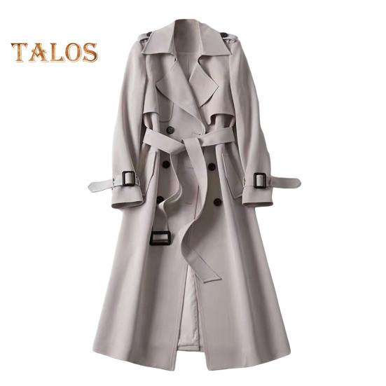 Women Windbreaker Turn-down Collar Loose Pure Color Coat Double-breasted Long Sleeves Belt Decor Overcoat Mid Length with Pockets Windproof Lady