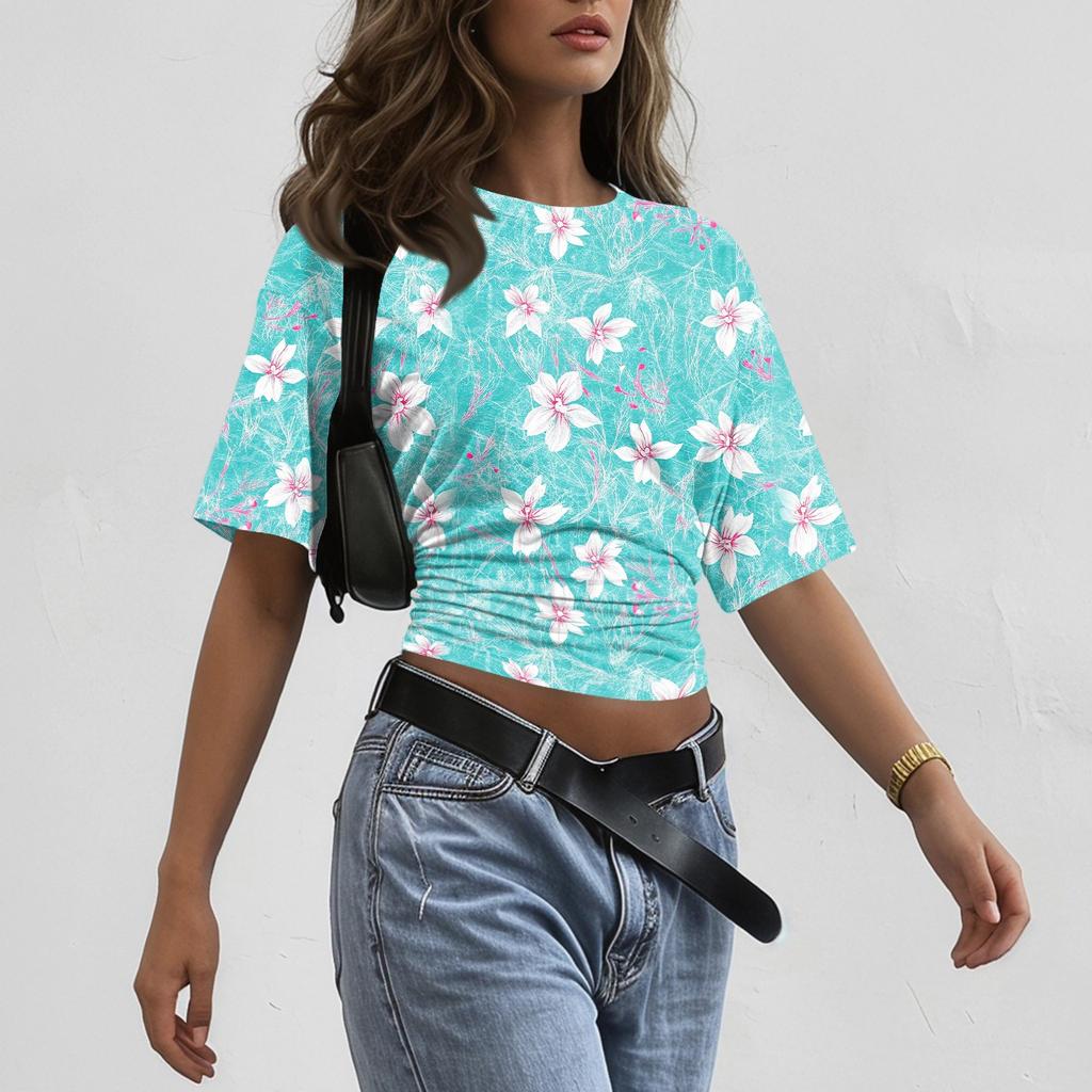 Women's Crew Neck Pullover Short Sleeve T-Shirt Floral Print Loose Fit Casual Top for Everyday Wear