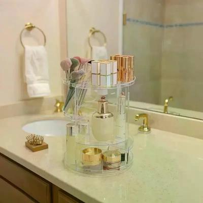 Drehbarer Make-up-Organizer Kosmetik-Ausstellungsbox mit Pinselhalter Parfüm-Tablett Aufbewahrung Karussell für Waschtisch Badezimmer Arbeitsplatte