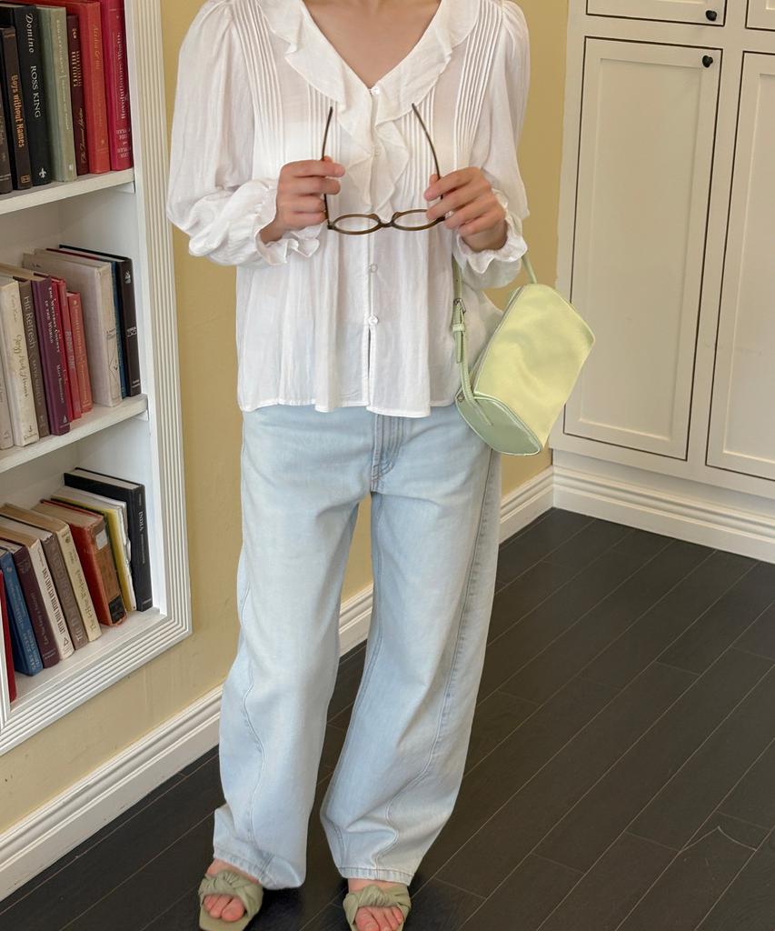 Mellotoli Frill Neck Pintuck Blouse (White)