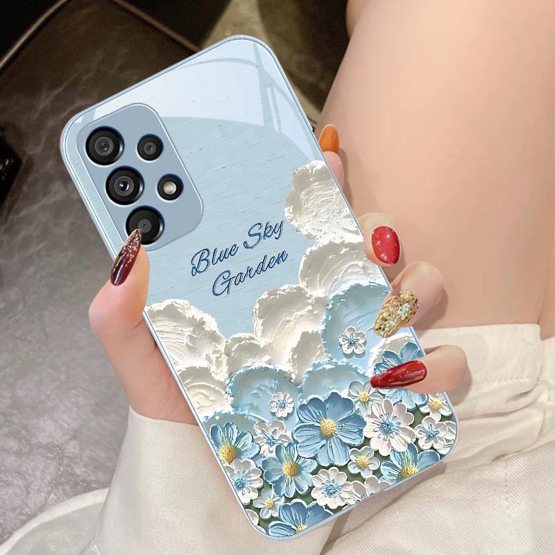 Oil Painting Flower Blue For Samsung Galaxy S10 4G S20 11E 30 S21 21Fe 22 S24 Pro S23 Ultra 5G S8 S9 Tempered Glass Phone Case