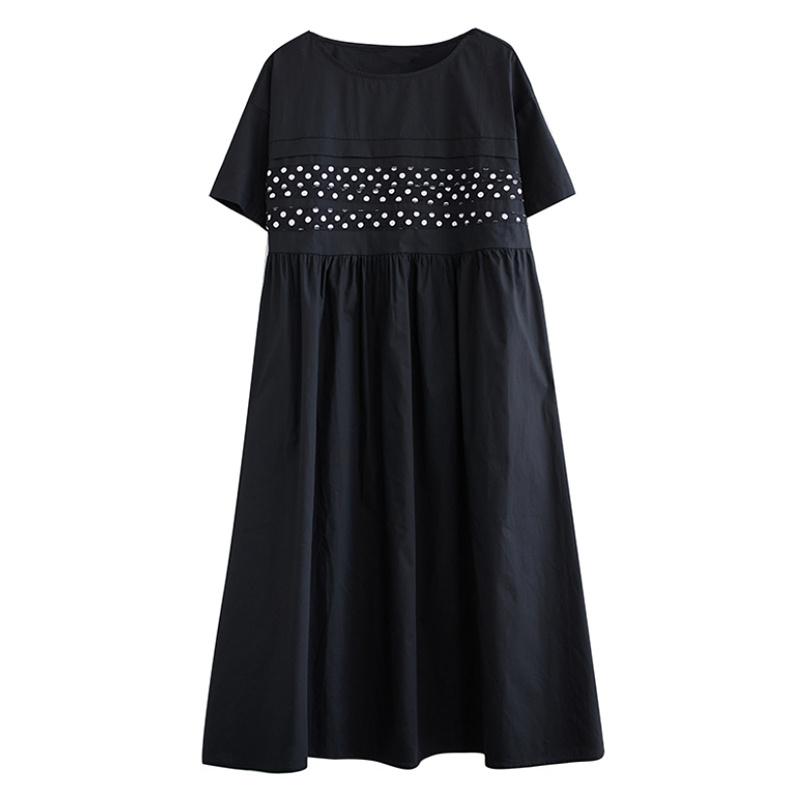 

Xitao О-образный вырез, лоскутное женское платье А-силуэта в мелкий горошек, свободное повседневное модное универсальное летнее женское утягивающее платье DMJ4186 One Size чёрный