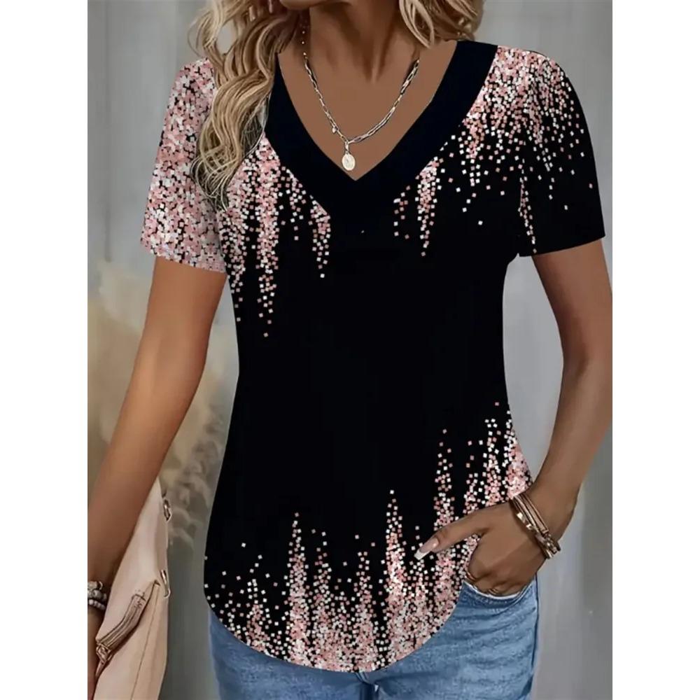 Creative Colorful Pattern Summer Soft Fashionable Comfortable Women's T-Shirts Casual Breathable Loose V-Neck Short-Sleeve T-Shirt