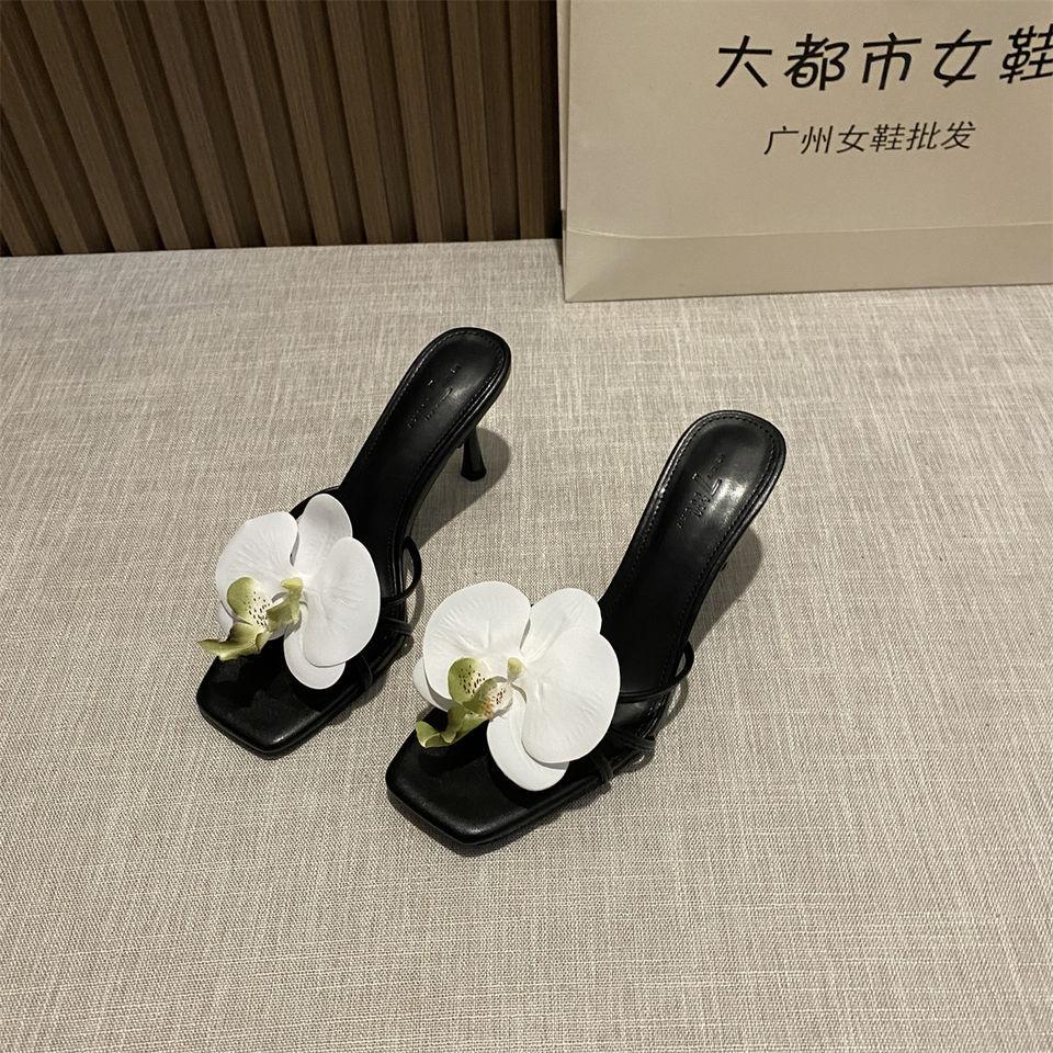 

Fashion Flower Decoration Women Slippers Hawaiian Bohemian Vacation Style Women High Heel Slippers Square Head Open-toed Slippers Slides 34 чёрный