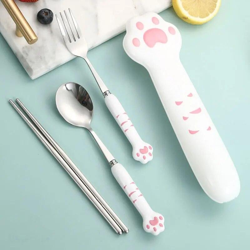 2Pcs/set Cat Claw Portable Stainless Steel Spoon and Fork Student Tourism Tableware Cute Stainless Steel Spoon