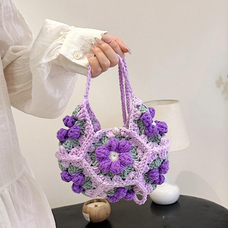 Yogodlns Handwoven Crochet Shoulder Bag with Floral Pattern Women Sweet Style Fashion Moon Crescent Shap Crossbody Bag for Holiday Travel