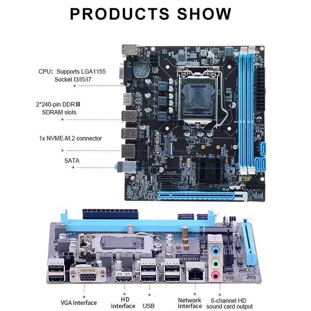 H61 Motherboard with LGA1155 I3/I5/I7 CPU 16GB Micro-ATX Dual Channal DDR3 1066/1333/1600 MHZ for Desktop Computer Main Board