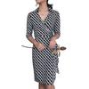 Women's Stand Collar High Waist Wrap Dress - Black & White, 3/4 Sleeve for Summer/Autumn