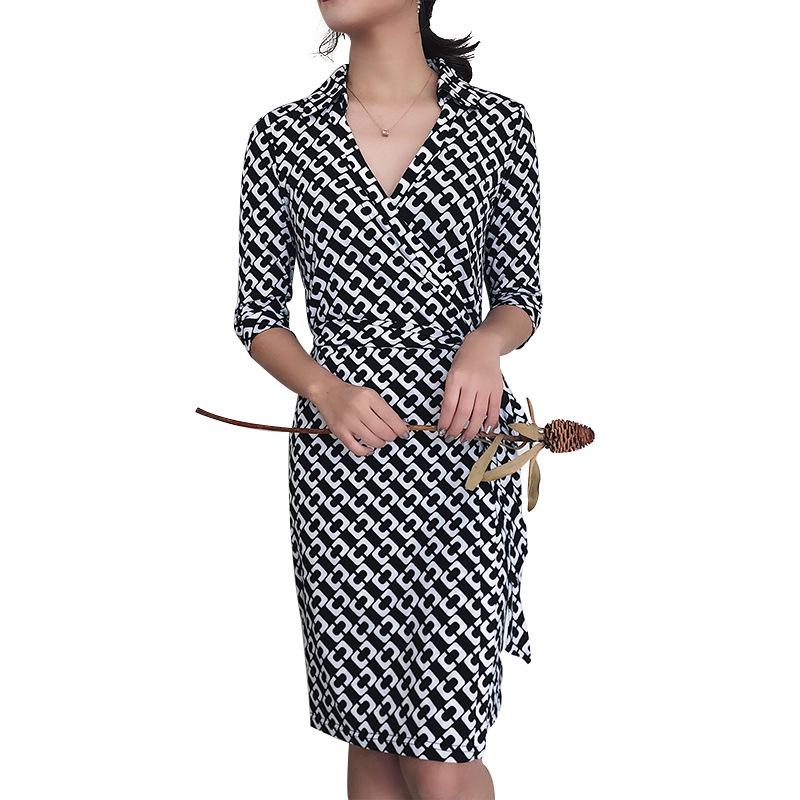 Women's Stand Collar High Waist Wrap Dress - Black & White, 3/4 Sleeve for Summer/Autumn
