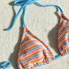 Women's Jacquard Striped Colorful Lace Up Three Piece Bikini Swimsuit Set CLE