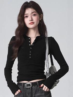Autumn/Winter Pure Desire Style Spicy Girl Cropped Cotton Long Sleeve T-shirt for Women – Slimming, Flattering, Versatile Top